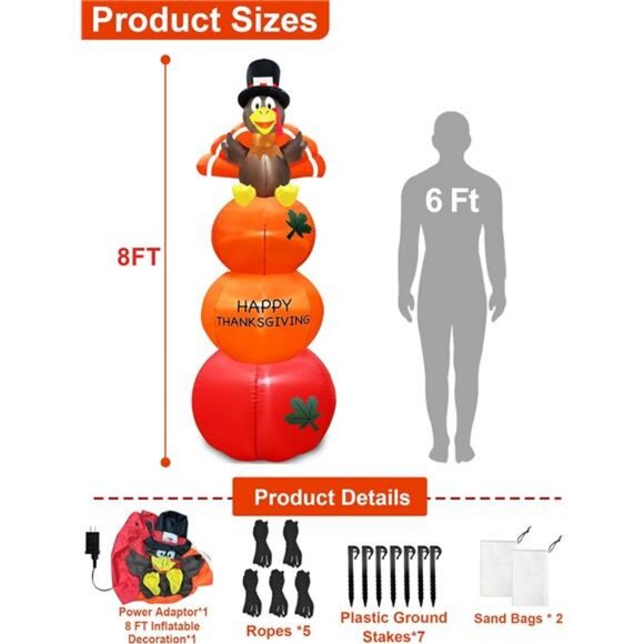 8 Foot Tall Thanksgiving Inflatables Turkey Outdoor Decorations Blow Up - Picture 2 of 7